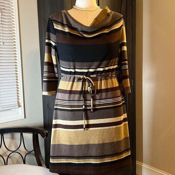 Olivia Matthews brown striped knit dress with scoop neck tie waist XL - Picture 2 of 10